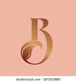 Logo de la letra B.Icono decorativo tipográfico creativo casero aislado en fondo rosado.Icono de símbolo ornado para la belleza, marca fresca y elegante.Alfabeto inicial.Hoja de color dorada.Elemento natural.