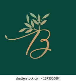 Letter B logo.Wedding decorative creative calligraphic icon isolated on green background.Ornate symbol icon for beauty, fresh, elegant brand.Alphabet initial.Nature leaf elements.