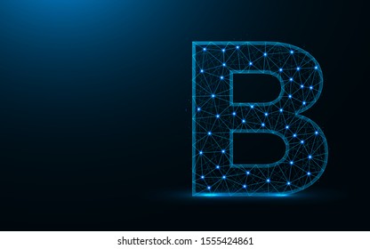 Letter B low poly design, alphabet abstract geometric image, font wireframe mesh polygonal vector illustration made from points and lines on dark blue background