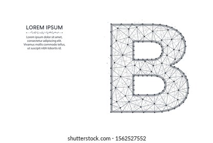 Letter B low poly design, alphabet abstract geometric image, font wireframe mesh polygonal vector illustration made from points and lines on white background