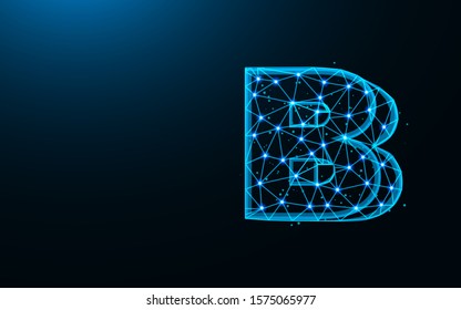 Letter B low poly design, alphabet abstract geometric image, font wireframe mesh polygonal vector illustration made from points and lines on dark blue background