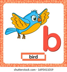 Letter b lowercase with cute cartoon character Bird isolated on white background. Funny colorful flashcard Zoo and animals ABC alphabet. Education card for kids learning English vocabulary, alphabet.