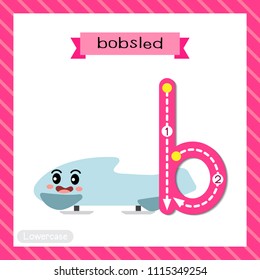 Letter B lowercase cute children colorful transportations ABC alphabet tracing flashcard of Bobsled for kids learning English vocabulary and handwriting Vector Illustration.