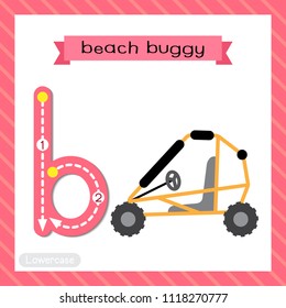 Letter B lowercase cute children colorful transportations ABC alphabet tracing flashcard of Beach Buggy for kids learning English vocabulary and handwriting Vector Illustration.