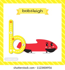 Letter B lowercase cute children colorful transportations ABC alphabet tracing flashcard of Bobsleigh for kids learning English vocabulary and handwriting Vector Illustration.
