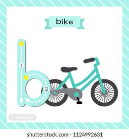 Letter B lowercase cute children colorful transportations ABC alphabet tracing flashcard of Bike for kids learning English vocabulary and handwriting Vector Illustration.