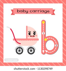 Letter B lowercase cute children colorful transportations ABC alphabet tracing flashcard of Baby Carriage for kids learning English vocabulary and handwriting Vector Illustration.
