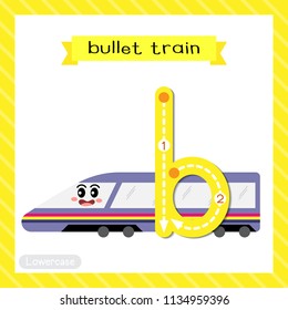 Letter B lowercase cute children colorful transportations ABC alphabet tracing flashcard of Bullet Train for kids learning English vocabulary and handwriting Vector Illustration.
