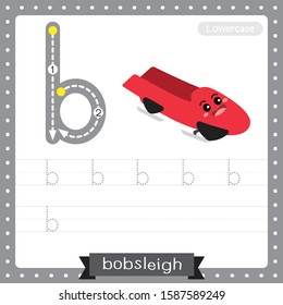Letter B lowercase cute children colorful transportations ABC alphabet tracing practice worksheet of Bobsleigh for kids learning English vocabulary and handwriting Vector Illustration.