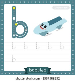 Letter B lowercase cute children colorful transportations ABC alphabet tracing practice worksheet of Bobsled for kids learning English vocabulary and handwriting Vector Illustration.