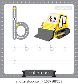 Letter B lowercase cute children colorful transportations ABC alphabet tracing practice worksheet of Bulldozer for kids learning English vocabulary and handwriting Vector Illustration.