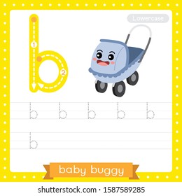 Letter B lowercase cute children colorful transportations ABC alphabet tracing practice worksheet of Baby Buggy for kids learning English vocabulary and handwriting Vector Illustration.