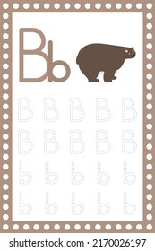 Letra B minúscula. Hoja de cálculo. Educación infantil. Ilustración del oso. Tipo de vector. Tipo de letra alfabético. Formación preescolar.