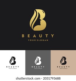 Letter B Luxury Beauty salon Hair extension logo with gold color, icon set Illustration Vector Graphic Design