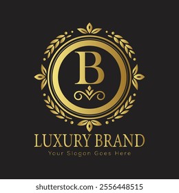 Letter B Luxury brand logo design with a royal gold crown emblem and elegant typography
