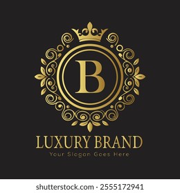 Letter B luxury gold logo concept brand logo design with a royal gold crown emblem and elegant typography
