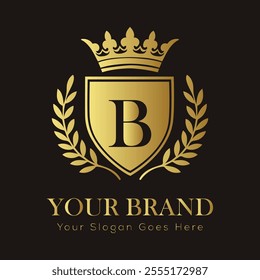 Letter B luxury gold logo concept brand logo design with a royal gold crown emblem and elegant typography
