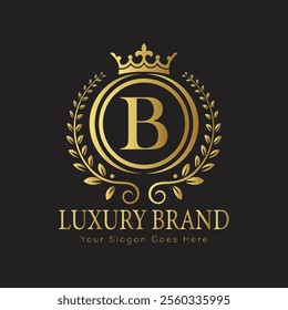 Letter B luxury gold logo concept brand logo design with a royal gold crown emblem and elegant typography
