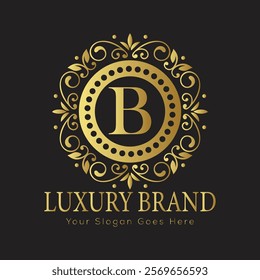 Letter B luxury gold logo concept brand logo design with a royal gold crown emblem and elegant typography
