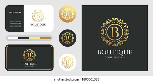 Letter b luxury ornament floral frame golden logo template. icon and business card inspiration