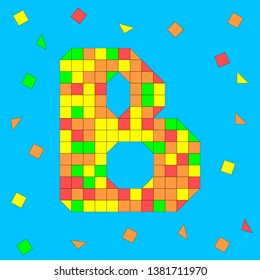 Letter B made of colored squares and triangles. Mosaic font.