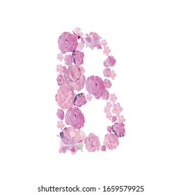 Letter B made of pink paper flowers. Flower alphabet. Vector illustration with roses, peonies and magnolias on a white background.