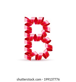 Letter B made of red curled shiny ribbon