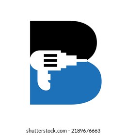 Letter B Manufacturing Construction Logo Design Concept With Drill Machine Symbol Vector Template