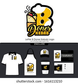 Letter B Meat Kebab Dishes Vector Logo Design Illustration for Turkish and Arabian Fast Food Restaurant with Brand Identity Include Shirt. Apron. Hat. Cup. Business Card. Initial Typography Logo