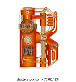 The letter B of mechanic alphabet. Steampunk font style. Mechanical design. Made in the form of a mechanism with moving and stationary parts with tubes, gears and pistons in red casing.