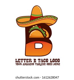 Letter B Mexican Meat Taco Dishes With Sombrero Hat Vector Logo Design Illustration Food On White Background For Restaurant And Cafe. Initial Typography Logotype Template