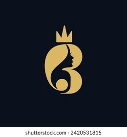 Letter B modern and minimalist luxury beauty queen woman face with crown creative logo template. Consisting of letter B with lady face on negative space simple icon.