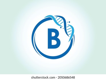 Letra B monograma en un círculo con ADN. Concepto de diseño del logo genético. emblema de letra. Logo vectorial moderno para medicina, ciencia, laboratorio, negocios e identidad de empresa