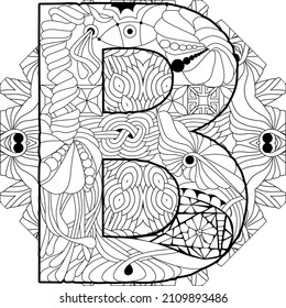 Letter B monogram for coloring on mandala, engraving design. Vector illustration.