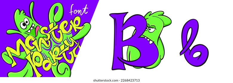 Letter B from the Monster party alphabet font. Large and small cartoon style letters set with cute monsters behind them for children, kindergarten, school, education, home party decor illustration