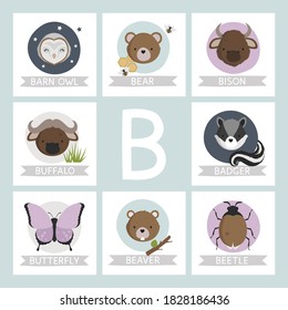 Letra B con nombre animal. Alfabeto de animales curtidos para niños de A a Z. Tarjeta de animales de dibujos animados. Ilustración del vector