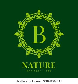 letter B nature border wreath initial logo for boutique spa and beauty wellness