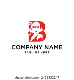 letter B negative space Ninja logo template with illustration of a jumping ninja