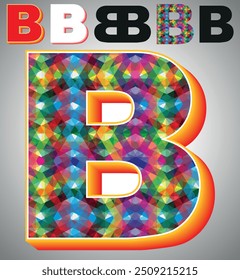 Letter B on triangular pattern mosaic royalty vector, Colorful triangles form B mosaic design, This graphic design is set against B white triangular background, Polygonal 3D Alphabet B, A to Z Letter.