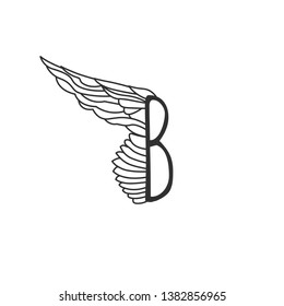 Letter B with one wing. Template for logo, label, emblem, sign, stamp. Editable stroke. Vector illustration isolated on white background.