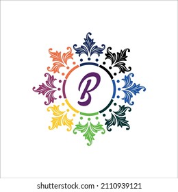 letter B ornament illustration creative logo design on the background of twisted leaves and circle lines