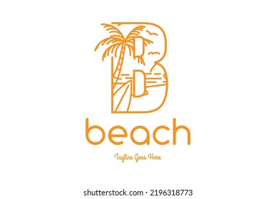 Buchstabe B mit Palm Tree Wave Sea Sunset und Surfbrett für Beachsurf Reise Logo-Design