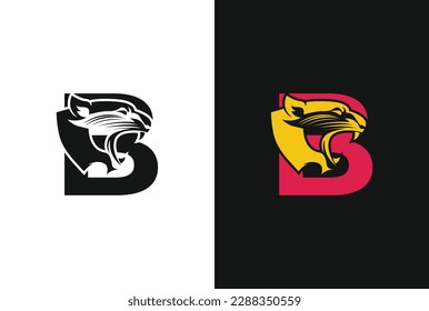 Letter B with panther head illustration in flat design monogram symbol. B panther head icon logo vector.