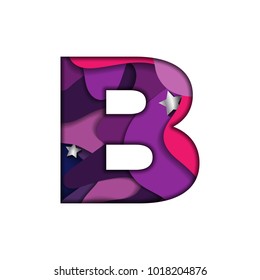 Letter B in paper cut style. Realistic cosmic papercut design of alphabet symbol on white background. Colorful multi layers 3D effect. Font element for festive or greeting card. Vector illustration.