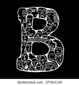 Letter B. People crowd. Isolated alphabet design. Hand drawn vector illustration in cartoon style