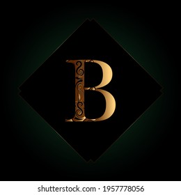 The letter B is placed in a separate frame on a black-green gradient background. Beautiful pattern contrasts with the golden alphabet vector illustration.