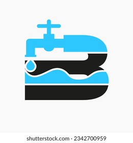 Letter B Plumber Logo Design. Plumbing Logo Symbol With Water and Water Tap Icon