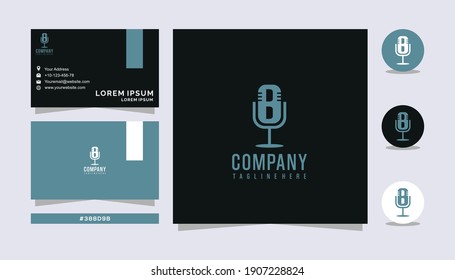 Letter B podcast logo simple modern and minimalist design combination B letter and microphone with creative double sided business card professional design for branding