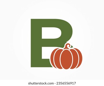 letter b with pumpkin. creative vegetable alphabet logo. harvest and agriculture design. halloween symbol. isolated vector image