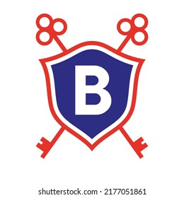Letter B Real Estate Logo Design Concept with Crossed Key Sign. Key Real Estate Logotype on Shield Symbol